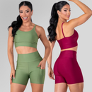 Conjunto Fitness Feminino Top Alça e Short Com Bolso Cintura Alta Treino Academia