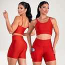 Conjunto Fitness Feminino Top Alça e Short Com Bolso Cintura Alta Treino Academia