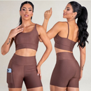 Conjunto Fitness Feminino Top Alça e Short Com Bolso Cintura Alta Treino Academia