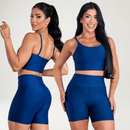 Conjunto Fitness Feminino Top Alça e Short Com Bolso Cintura Alta Treino Academia