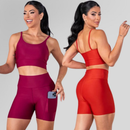 Conjunto Fitness Feminino Top Alça e Short Com Bolso Cintura Alta Treino Academia