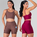 Conjunto Fitness Feminino Top Alça e Short Com Bolso Cintura Alta Treino Academia