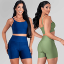Conjunto Fitness Feminino Top Alça e Short Com Bolso Cintura Alta Treino Academia