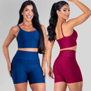 Conjunto Fitness Feminino Top Alça e Short Com Bolso Cintura Alta Treino Academia
