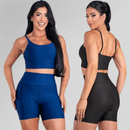 Conjunto Fitness Feminino Top Alça e Short Com Bolso Cintura Alta Treino Academia
