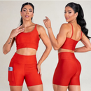 Conjunto Fitness Feminino Top Alça e Short Com Bolso Cintura Alta Treino Academia