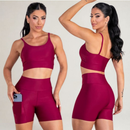 Conjunto Fitness Feminino Top Alça e Short Com Bolso Cintura Alta Treino Academia