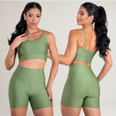 Conjunto Fitness Feminino Top Alça e Short Com Bolso Cintura Alta Treino Academia