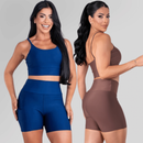 Conjunto Fitness Feminino Top Alça e Short Com Bolso Cintura Alta Treino Academia