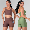Conjunto Fitness Feminino Top Alça e Short Com Bolso Cintura Alta Treino Academia