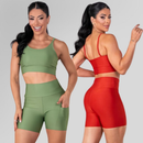 Conjunto Fitness Feminino Top Alça e Short Com Bolso Cintura Alta Treino Academia