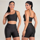 Conjunto Fitness Feminino Top Alça e Short Com Bolso Cintura Alta Treino Academia