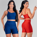 Conjunto Fitness Feminino Top Alça e Short Com Bolso Cintura Alta Treino Academia