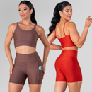 Conjunto Fitness Feminino Top Alça e Short Com Bolso Cintura Alta Treino Academia