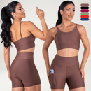 Conjunto Fitness Feminino Top Alça e Short Com Bolso Cintura Alta Treino Academia